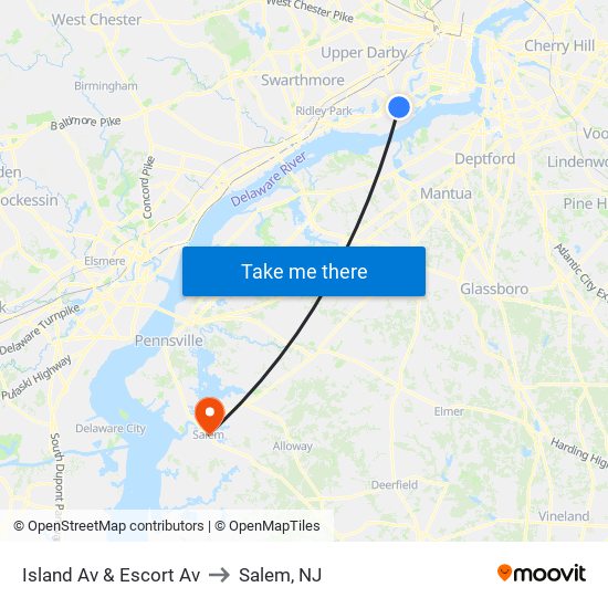 Island Av & Escort Av to Salem, NJ map