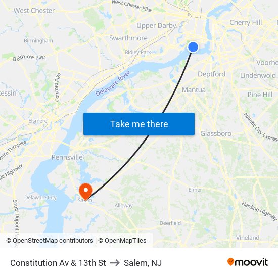 Constitution Av & 13th St to Salem, NJ map