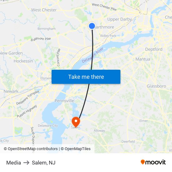 Media to Salem, NJ map