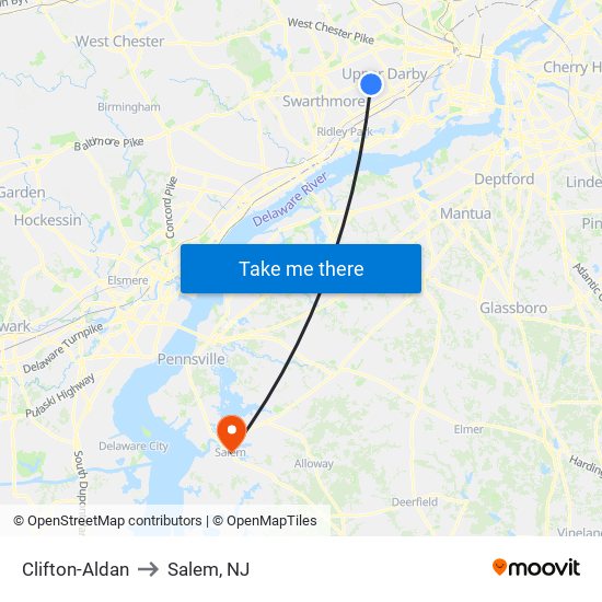 Clifton-Aldan to Salem, NJ map