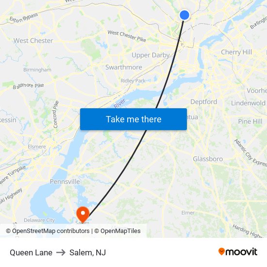 Queen Lane to Salem, NJ map