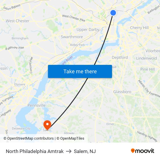 North Philadelphia Amtrak to Salem, NJ map
