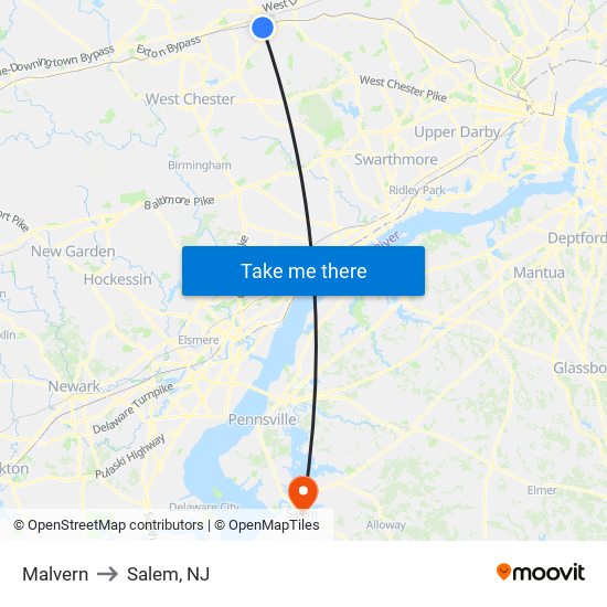 Malvern to Salem, NJ map