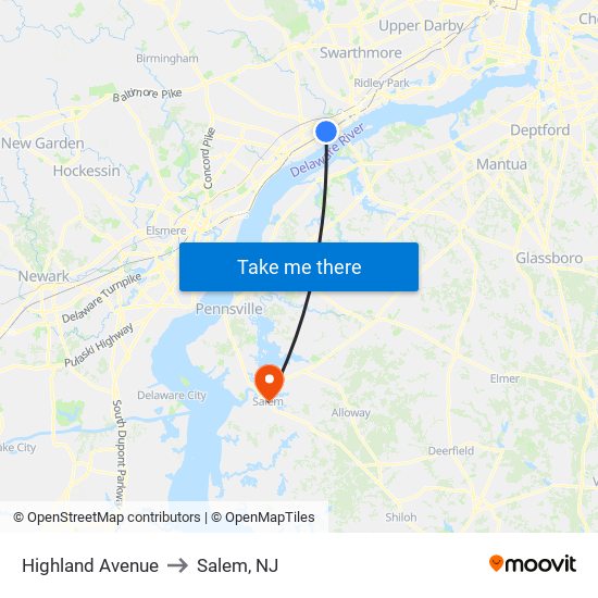 Highland Avenue to Salem, NJ map