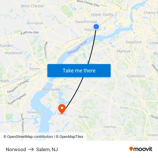 Norwood to Salem, NJ map