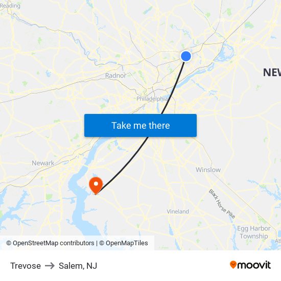 Trevose to Salem, NJ map