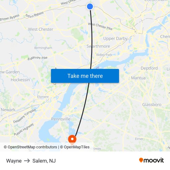 Wayne to Salem, NJ map