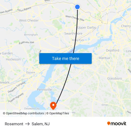 Rosemont to Salem, NJ map
