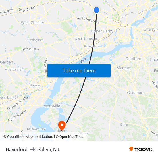 Haverford to Salem, NJ map