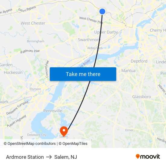 Ardmore Station to Salem, NJ map