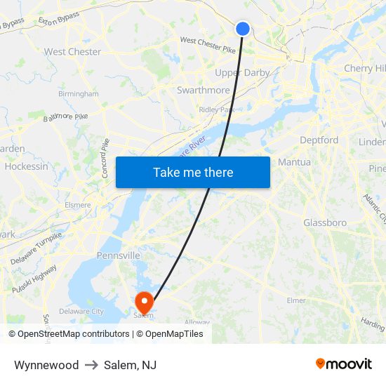 Wynnewood to Salem, NJ map
