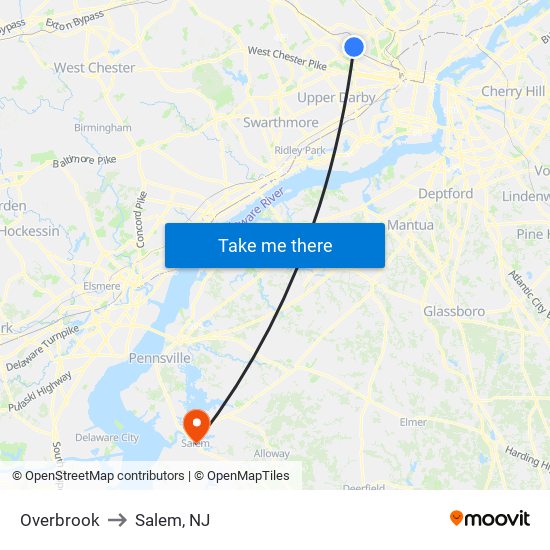 Overbrook to Salem, NJ map