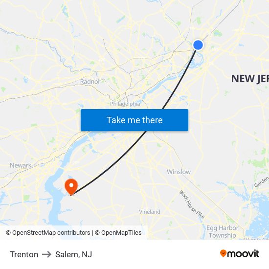 Trenton to Salem, NJ map