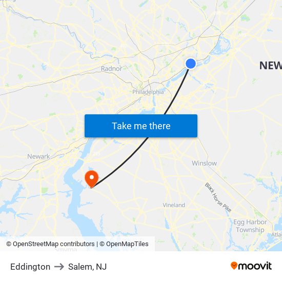 Eddington to Salem, NJ map