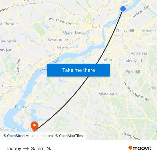 Tacony to Salem, NJ map