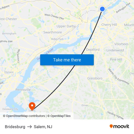 Bridesburg to Salem, NJ map