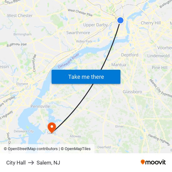 City Hall to Salem, NJ map