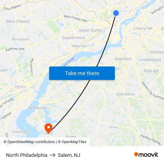 North Philadelphia to Salem, NJ map