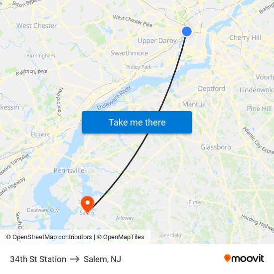 34th St Station to Salem, NJ map