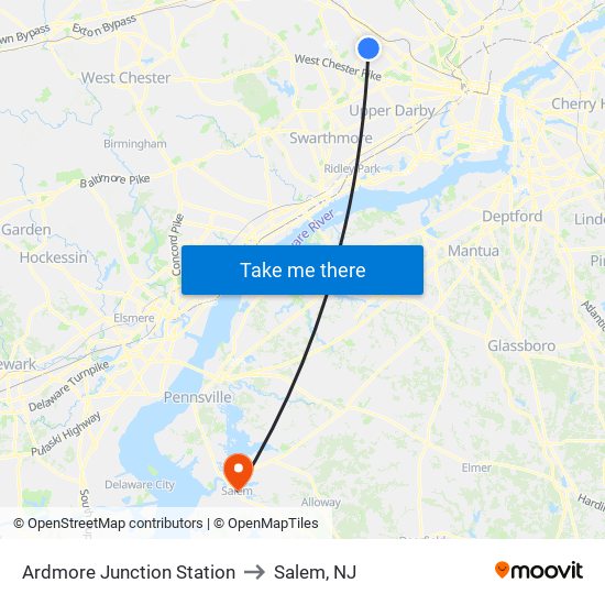 Ardmore Junction Station to Salem, NJ map