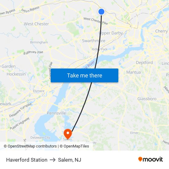 Haverford Station to Salem, NJ map