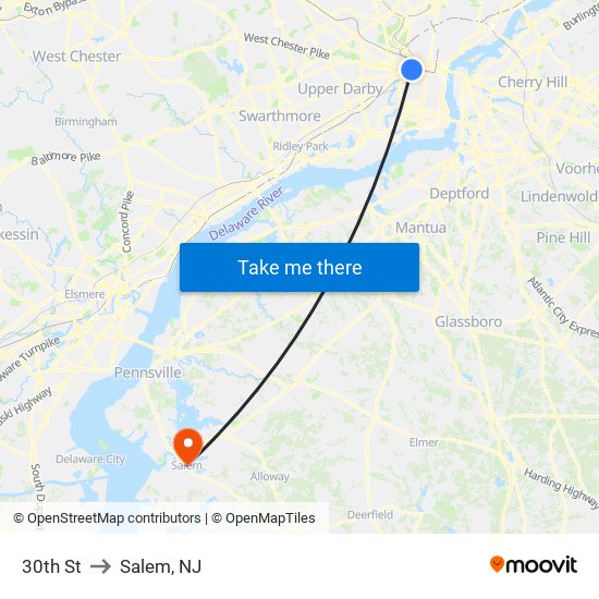 30th St to Salem, NJ map