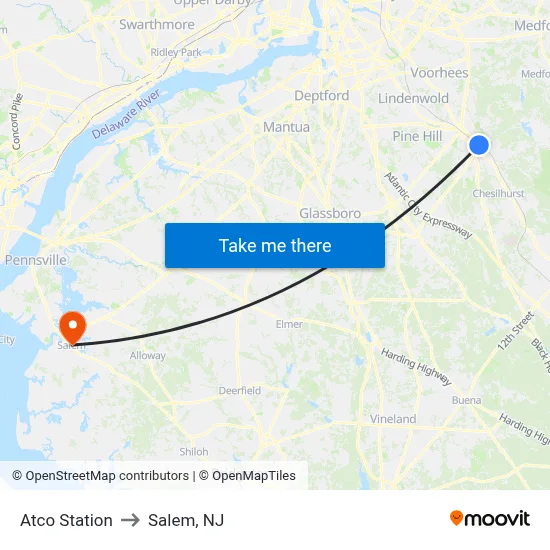 Atco Station to Salem, NJ map