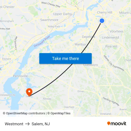 Westmont to Salem, NJ map