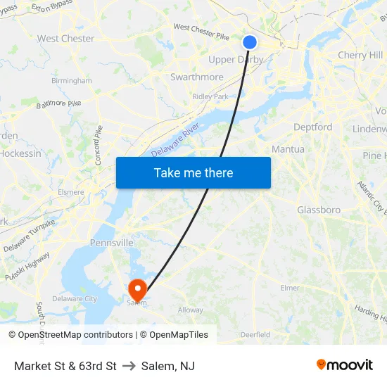 Market St & 63rd St to Salem, NJ map