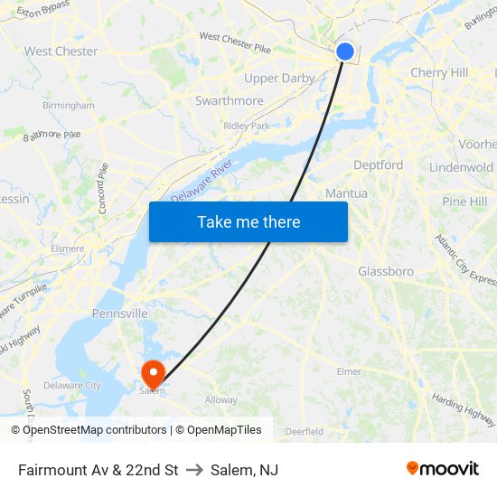 Fairmount Av & 22nd St to Salem, NJ map