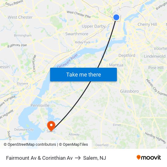 Fairmount Av & Corinthian Av to Salem, NJ map