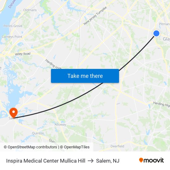 Inspira Medical Center Mullica Hill to Salem, NJ map