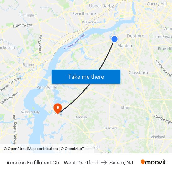 Amazon Fulfillment Ctr - West Deptford to Salem, NJ map