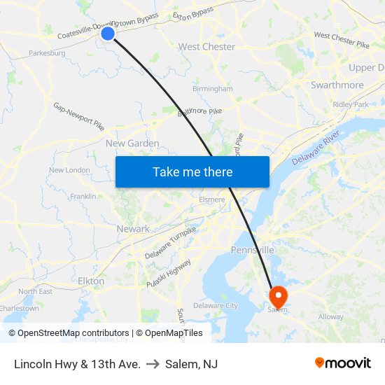 Lincoln Hwy & 13th Ave. to Salem, NJ map