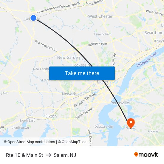 Rte 10 & Main St to Salem, NJ map