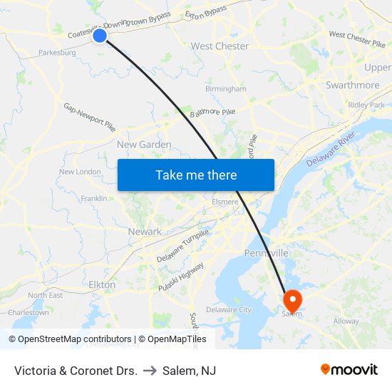 Victoria  &  Coronet Drs. to Salem, NJ map