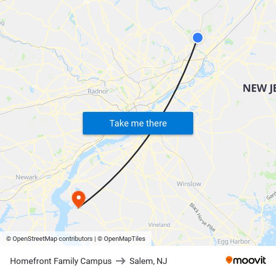 Homefront Family Campus to Salem, NJ map