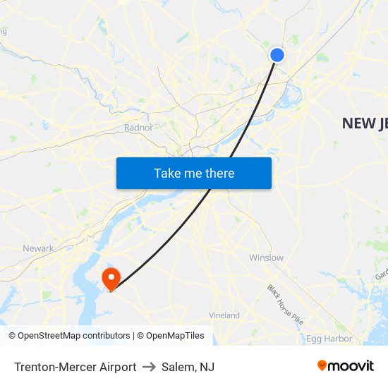Trenton-Mercer Airport to Salem, NJ map