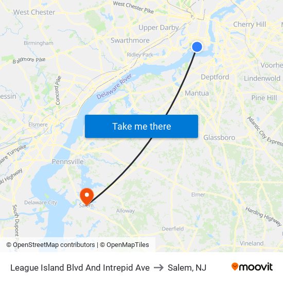 League Island Blvd And Intrepid Ave to Salem, NJ map