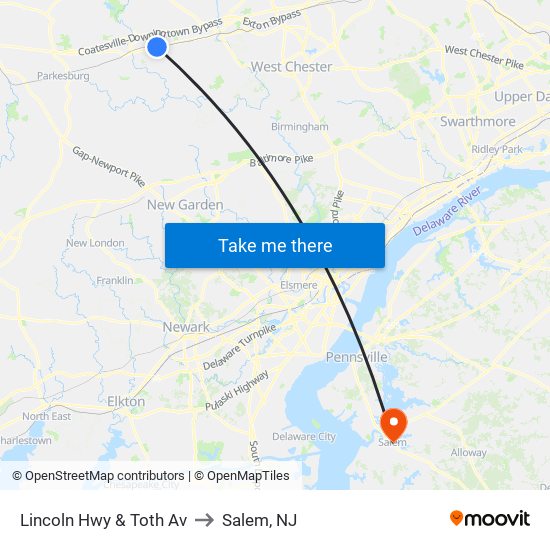 Lincoln Hwy & Toth Av to Salem, NJ map