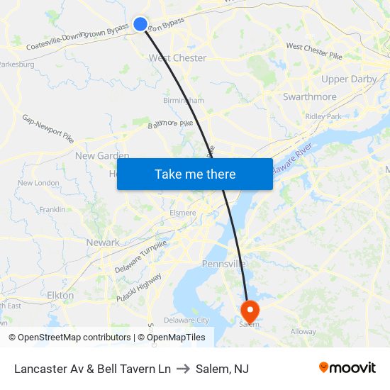 Lancaster Av & Bell Tavern Ln to Salem, NJ map