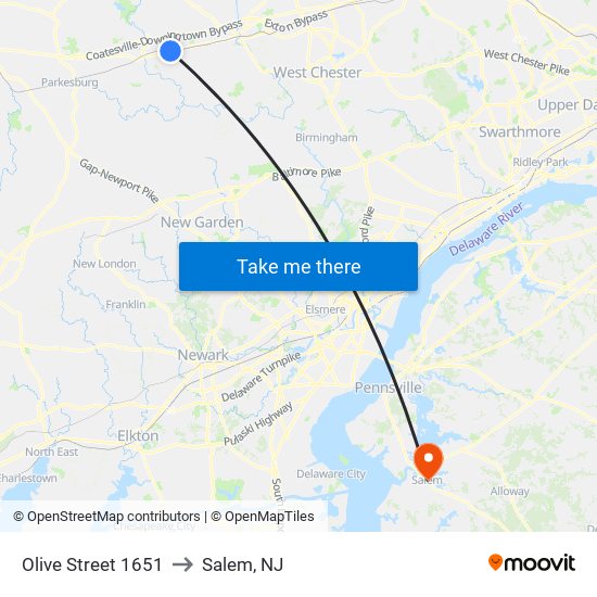 Olive Street 1651 to Salem, NJ map