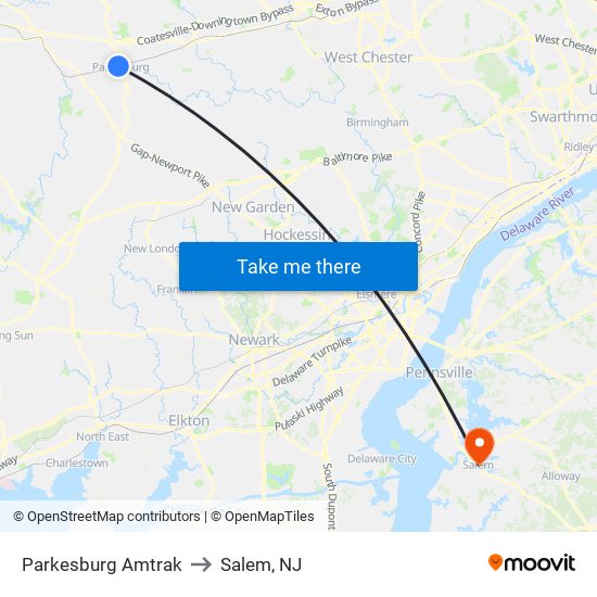 Parkesburg Amtrak to Salem, NJ map