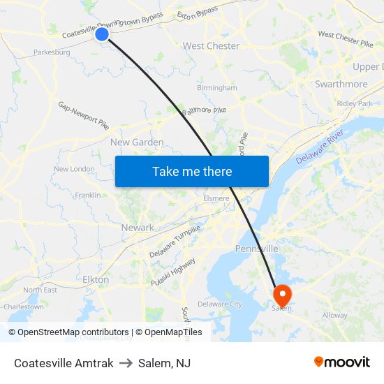 Coatesville Amtrak to Salem, NJ map