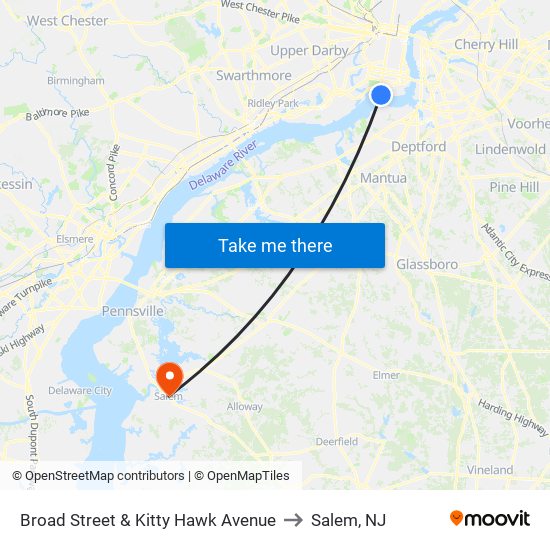 Broad Street & Kitty Hawk Avenue to Salem, NJ map