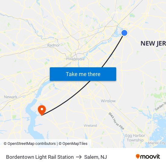 Bordentown Light Rail Station to Salem, NJ map