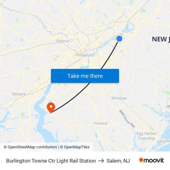 Burlington Towne Ctr Light Rail Station to Salem, NJ map