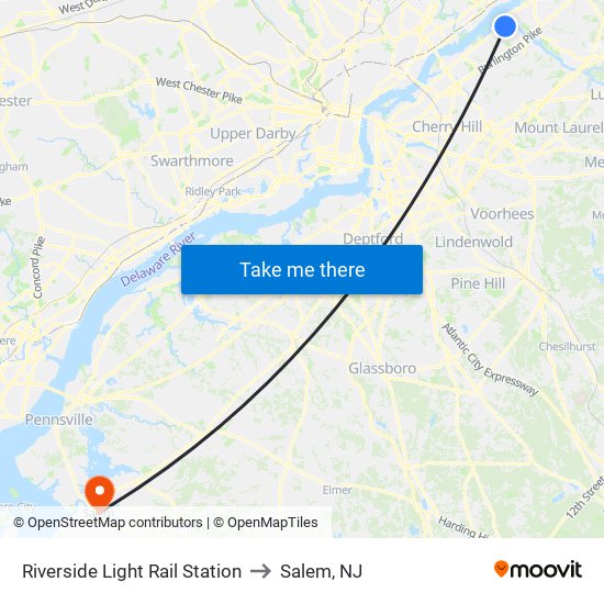 Riverside Light Rail Station to Salem, NJ map