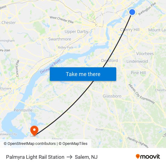 Palmyra Light Rail Station to Salem, NJ map