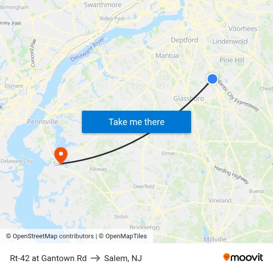 Rt-42 at Gantown Rd to Salem, NJ map